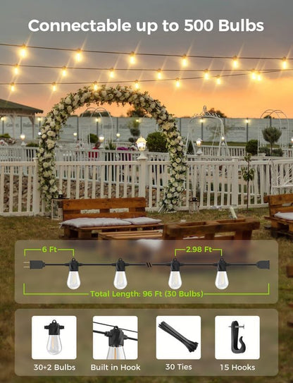 XMCOSY+ 96Ft Outdoor String Lights - LED Waterproof Patio Lights with 32 Edison Bulbs, Dimmable Hanging String Lights for Outside, Porch, Yard, House