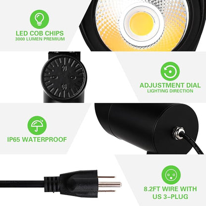 30W LED Landscape Spotlight, Flag Pole Light,110-260V Outdoor Spotlights Weatherproof Landscape Lighting with Stake US, 3-Plug 8.2FT Cord 2PACK, 3000LM,(6000K Cool White)