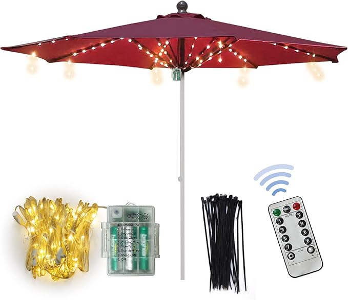 BenefitUSA Patio Umbrella Warm White Lights 8 Lighting Mode 104 LED String Lights with Battery and Remote Control Umbrella Lights Operated for Restaurant Coffee Shop Outdoor Garden Holidays Party