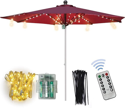 BenefitUSA Patio Umbrella Warm White Lights 8 Lighting Mode 104 LED String Lights with Battery and Remote Control Umbrella Lights Operated for Restaurant Coffee Shop Outdoor Garden Holidays Party