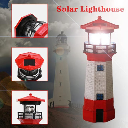 Solar Lighthouse Outdoor Solar Rotating LED Lighthouse Light Waterproof Lighthouse Statue Decorative LED Rotating Lamp for Garden Landscape Outside Yard(Red)