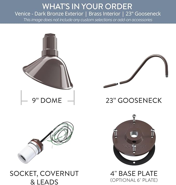 Steel Lighting Co. Venice Store Sign Light | for Outdoor Restaurant Accent Wall | 9 inch Dome | 23" Gooseneck | Made in America | Dark Bronze Exterior/Brass Interior