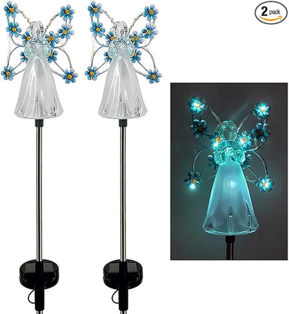 Angel Solar Lights, 2 Pack, LED Garden Outdoor Decoration, Blue, Stainless Steel and Plastic, 7 White LEDs, Waterproof IP44, Solar Powered