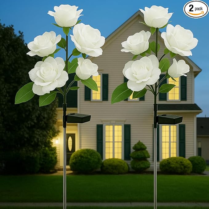 2 Pack Realistic Solar Rose Lights Flower Stake with 10 Roses, for Outdoor Garden Cemetery Patio Yard Pathway Decoration, White