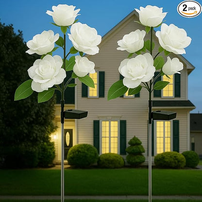2 Pack Realistic Solar Rose Lights Flower Stake with 10 Roses, for Outdoor Garden Cemetery Patio Yard Pathway Decoration, White