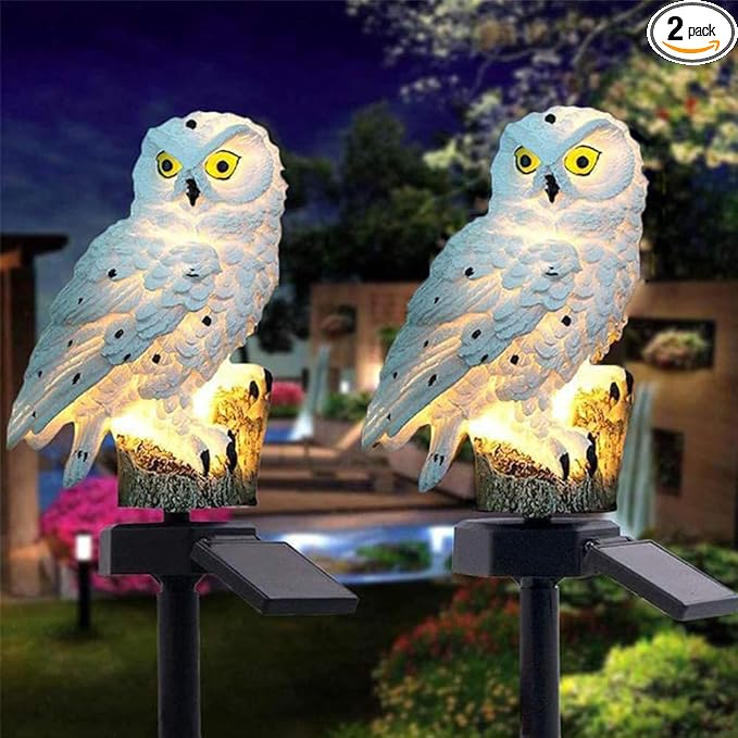 2 Pack Owl Solar Lights Outdoor Garden Resin Waterproof Garden Decorations with Stake for Patio, Yard, Lawn, Walkway Decoration Scare Birds Away(White)