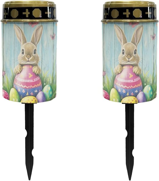 Easter Cemetery Solar Lights for Grave Rabbit Wood Decorative Graveside Solar Lights for Cemetery Waterproof Solar Pathway Lights for Grave Cemetery Decorations Solar Candle 2 Pack