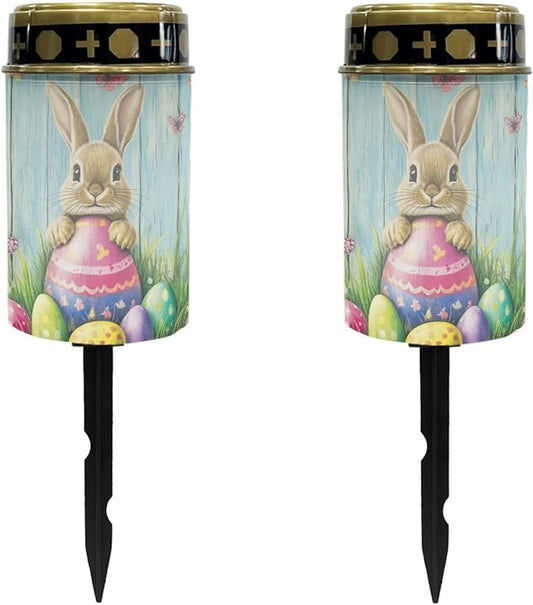 Easter Cemetery Solar Lights for Grave Rabbit Wood Decorative Graveside Solar Lights for Cemetery Waterproof Solar Pathway Lights for Grave Cemetery Decorations Solar Candle 2 Pack