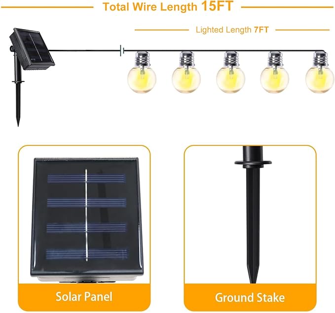 Afirst Solar Outdoor String Lights 15FT with 15 LED Bulbs Waterproof Christmas Lights for Garden Patio (Silver)