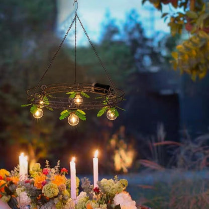 Battery Operated Outdoor Chandelier, Decorative Hanging Pendant Lights with 6pcs G40 Bulbs, Rust Finish Metal Wire Floral shade, Brightness Adjustable with Timer for Pergola Gazebo Porch Patio Decor