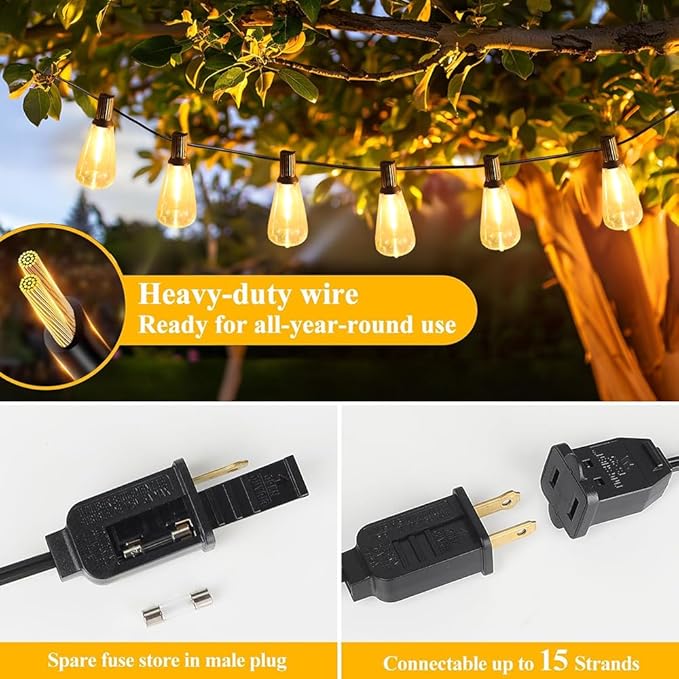 150FT Outdoor String Lights Patio Lights with 60 Shatterproof ST38 Vintage Edison Bulbs (2400K) Commercial Grade | Lumora