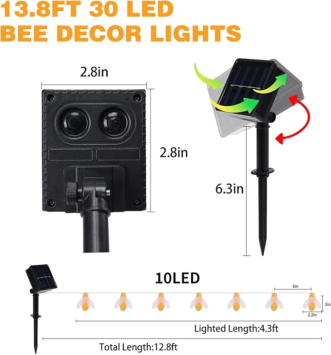 Vigdur 2 Pack Solar Bee String Lights Outdoor, 10 LED 3D Bee Fairy Lights, IP44 Waterproof Solar Powered for Windows, Fences, Patios, Christmas, Weddings & Party Decor (Warm White)