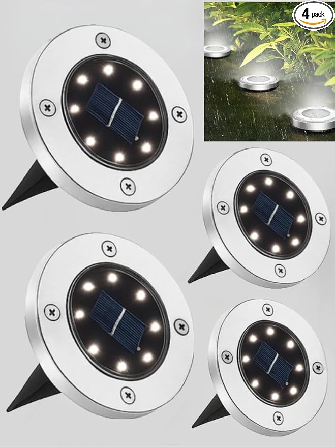 JT Morolux Solar Ground Lights, LED Disk Lights, White, Waterproof Outdoor Path Lights for Garden, Lawn, Walkway, Driveway (Cool White, 4)