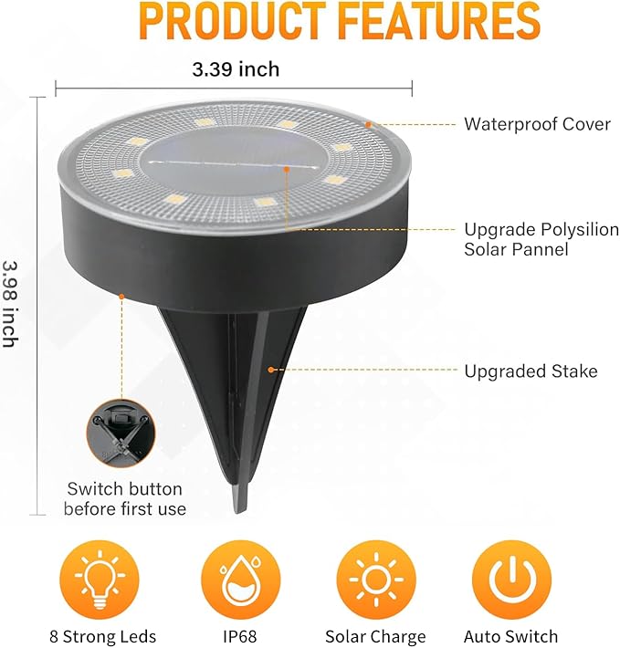 Ground Lights 12 Pack, IP68 Waterproof Solar Disc Lights for Outdoor, Flat Garden Light, In-Ground Light, Landscape | Lumora