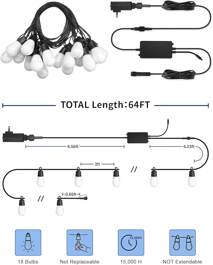 Outdoor String Lights APP Control with Remote, 64(52+12) ft RGB+IC+Warm White Outdoor Lights 18 LED Bulbs Music | Lumora