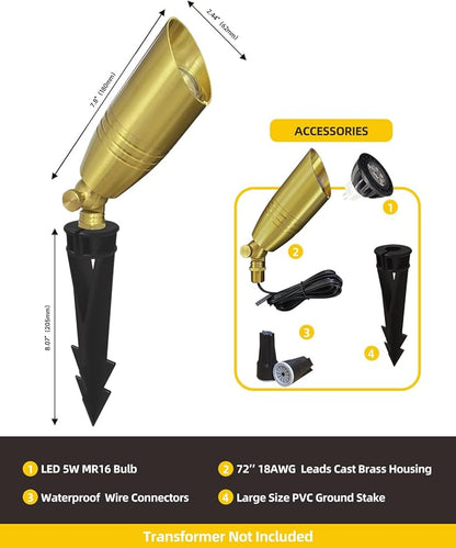 COLOER Die-cast Brass Landscape Spotlight 6-Pack with 5W Aluminum Housing LED MR16 Bulb,12V AC/DC Low Voltage Copper Outdoor Lighting, Directional Garden Patio Spot Up Light (102B Copper Finish)