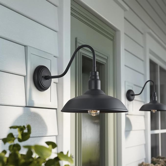 14in Outdoor Gooseneck Light Fixture for Porch, Large Exterior Barn Light with Wall Mount, Black Industrial | Lumora