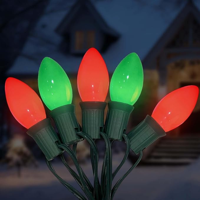 C9 LED Christmas Lights, 25Ft Vintage C9 String Lights with 26 LED Ceramic Red Green Bulbs, Hanging Connectable Christmas String Lights for Patio Garden Holiday Home Decor-Green Wire