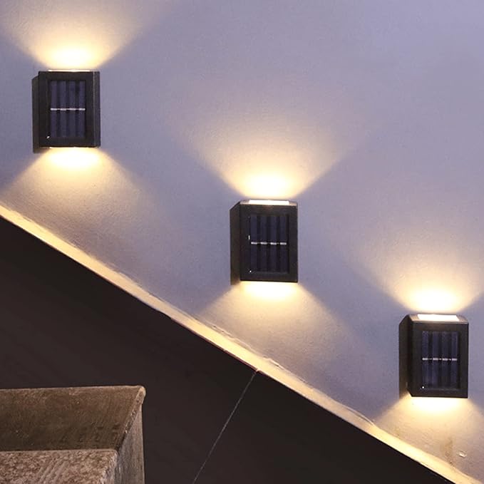MSUIINT Solar Fence Lights, 4 Pcs Outdoor Deck & Wall Lamp, 4 LED Up-Down Lighting, Waterproof for House, Deck | Lumora