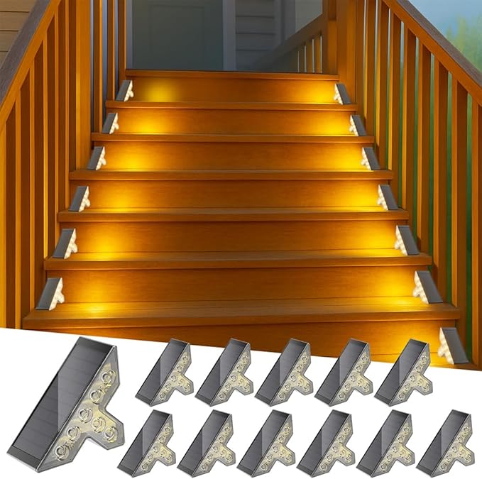 Solar Stair Lights Outdoor Waterproof 3000K, Triangle LED Step Lights for Outside, Solar Powered for Steps, Deck, Patio, Yard, Garden, Porch, Pathway, IP65 Outdoor Lighting Decor (Warm White, 12 Pack)