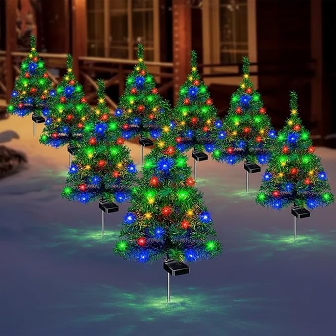 Solar Christmas Tree Lights Holiday Decorations, Outdoor Courtyards Solar Powered Artificial Xmas Tree for Yard Porch Pathway, LED Mini Christmas Decor for Outside Garden Patio Lawn(8PCS)