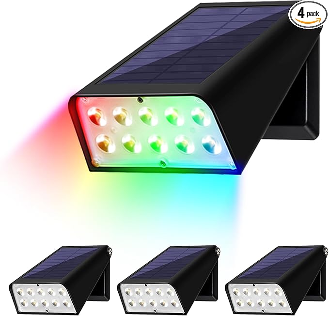 4 Pack Solar Fence Lights Outdoor, RGBW Halloween/Christmas Solar Lights 90°Adjustable Waterproof Up and Down Lighting Solar Powered for Garden/Pool/Patio/Wall.