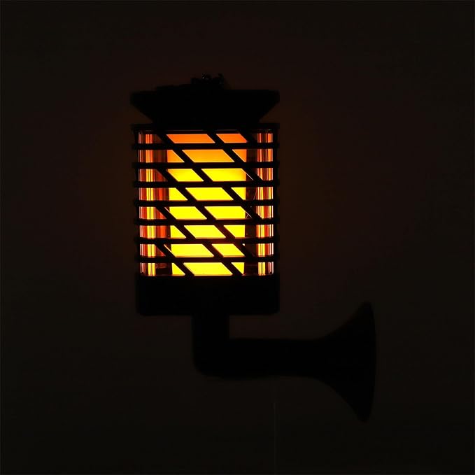 Vintage Solar-Powered Path Lights with Simulated Flame Effect, Black Geometric Shade Waterproof Yard Wall Lights for Outdoor Patio Garden, Ground Stake and Hanging Mount, Warm