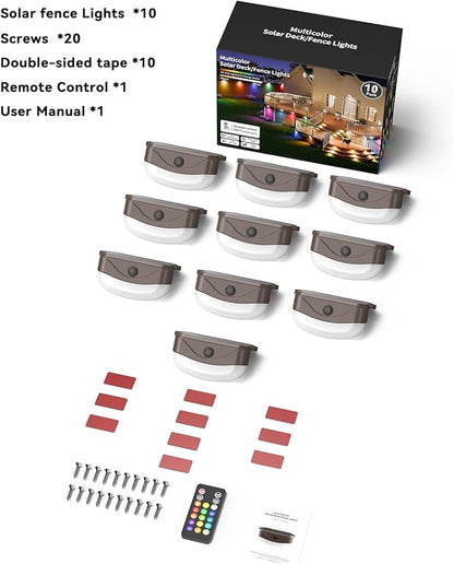 Solar Fence Lights with Remote Control 50ft,15 Multi Colors Solar Powered Outdoor Step Lighting,IP67 Waterproof Led RGBYW Colors Lamp for Outside Fence/Deck/Backyard/Stair Railing/Wall/Patio/Pool