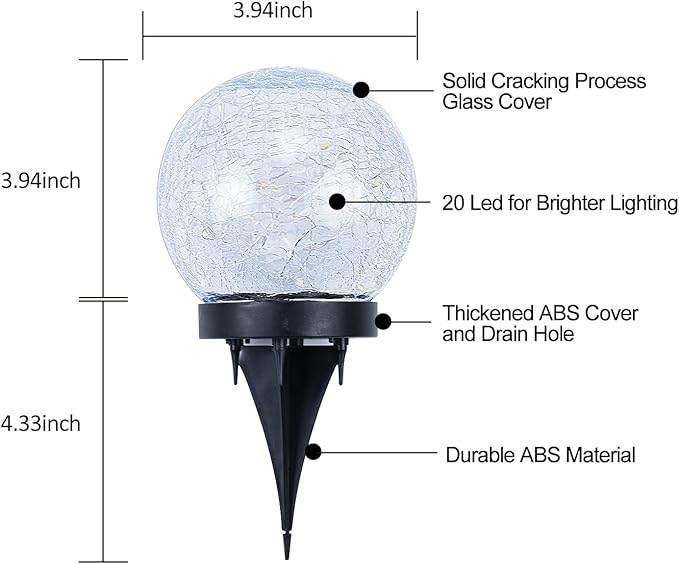 Solar Cracked Quartz Pathway Lights – IP68 Waterproof Dual-Temperature Glow for Garden Safety Artisanal Glass Globe with 10hr Runtime (Patio/Yard Decor) (Warm White)