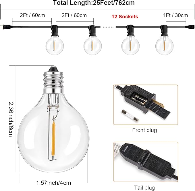 Outdoor String Lights with G40 Clear Globe Bulbs, Black Cord, Waterproof LED Edison Filament Decorative Lighting for Patio, Garden, Backyard (G40 Bulbs, 25FT)