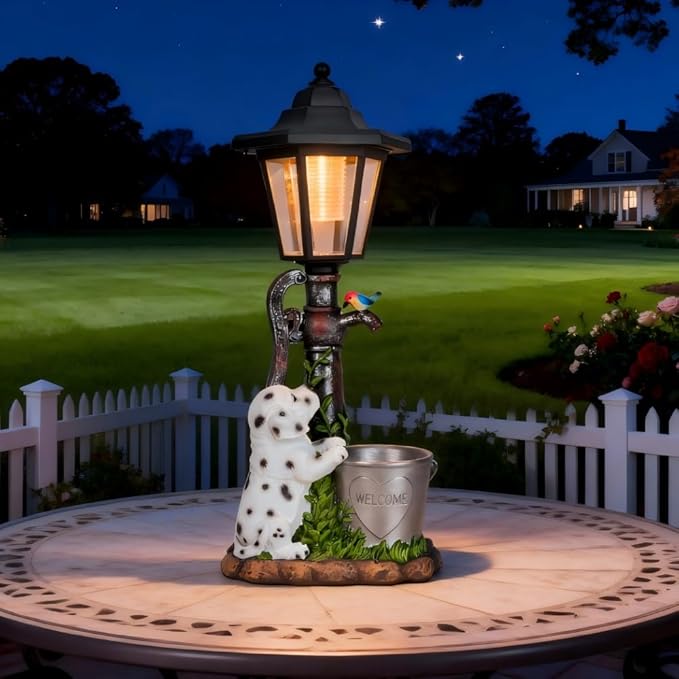 Solar Dalmatian Dog Garden Statue with Light-13 inches - Outdoor Waterproof decor with automatic lighting，perfect for Lawn,Patio, Yard-with Bucket & Bird Figurine for Dog Lovers, Mom, Grandma