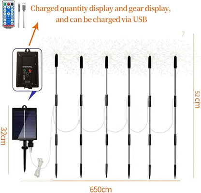 6 Pack 900 LED Outdoor Solar Ground Inserted Colorful Fireworks Lights with Telecontrol, Waterproof Solar&USB Powered Courtyard Lights,8 Modes DIY Light.