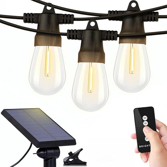 Brightech Ambience Pro Solar Powered Outdoor String Lights, 48ft Remote Control Commercial Grade Waterproof Patio Lights, 15 Edison Bulbs, Shatterproof LED String Lights for Outside - 1W Soft White