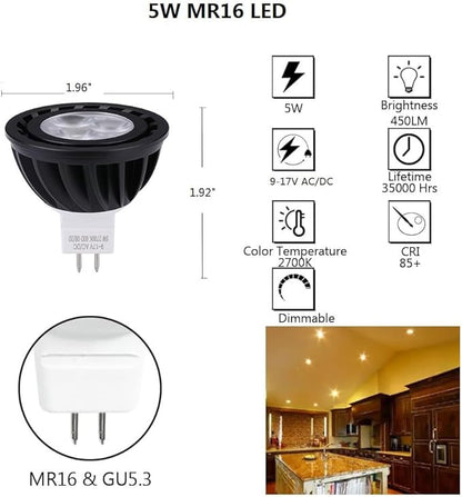 MR16 LED Bulb 5W Water Resistant Dimmable,Aluminum Heat Dissipation for Indoor Track Recessed Lights,Outdoor Low Voltage Landscape Spotlights Warm White Black Finish 8 Packs