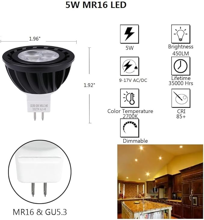 MR16 LED Bulb 5W Water Resistant Dimmable,Fully Potted Electronics Aluminum Heat Dissipation for Track Recessed Lights,Outdoor Low Voltage Landscape Lighting Warm White Black Finish 4 Packs