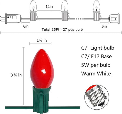 GOOTHY 25Ft Christmas Lights Outdoor, C7 Vintage Christmas Lights with 27 Red White and Green Ceramic Bulbs, Hanging Outdoor Decorations Light Waterproof for Holidays Patio Garden Party Roofline