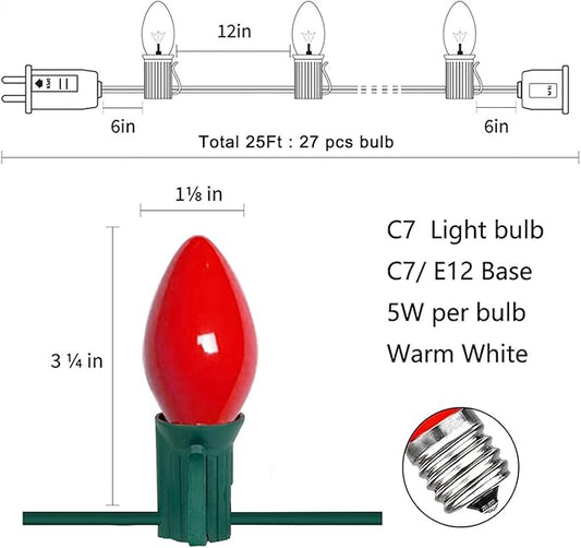 GOOTHY 25Ft Christmas Lights Outdoor, C7 Vintage Christmas Lights with 27 Red White and Green Ceramic Bulbs, Hanging Outdoor Decorations Light Waterproof for Holidays Patio Garden Party Roofline