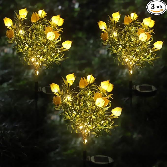Solar Flower Lights Outdoor Realistic Tulip Gardenia Tree Lamps Wireless Design IP65 Waterproof Auto Day 6-8h/Night 8-10h Larger Solar Panel