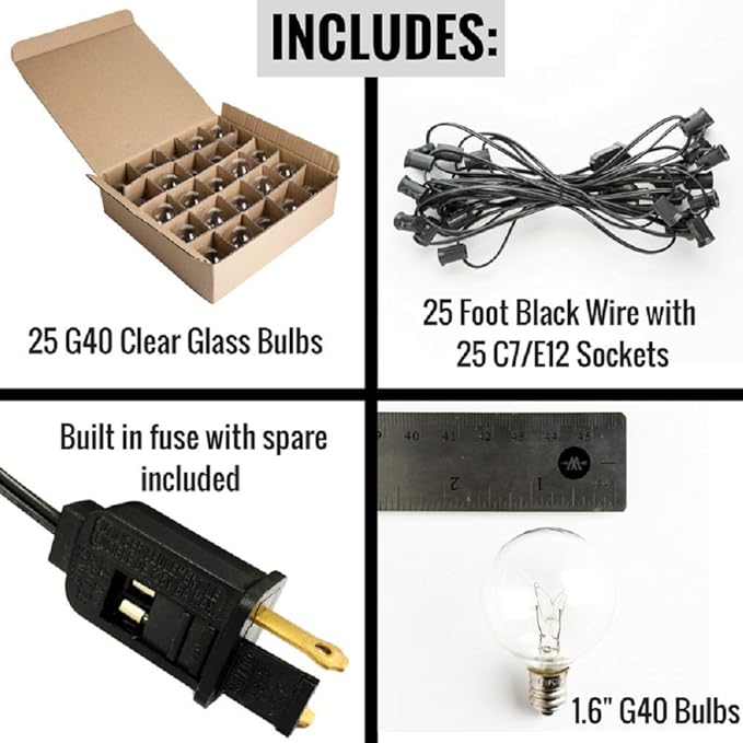 Hometown Evolution, Inc. 25’ G40 Globe String Lights Set with G40 Clear Bulbs and Black Wire (+ 1 Free Spare) for | Lumora