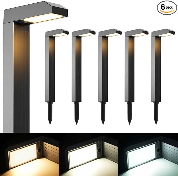 Solar Pathway Lights Outdoor 6 Pack, 3 Color in 1 Bright Landscape Lighting with Cool/Warm/Daylight White Modes, Auto On/Off, IP65 Waterproof for Yard Garden Patio Walkway Sidewalk Lawn Decor