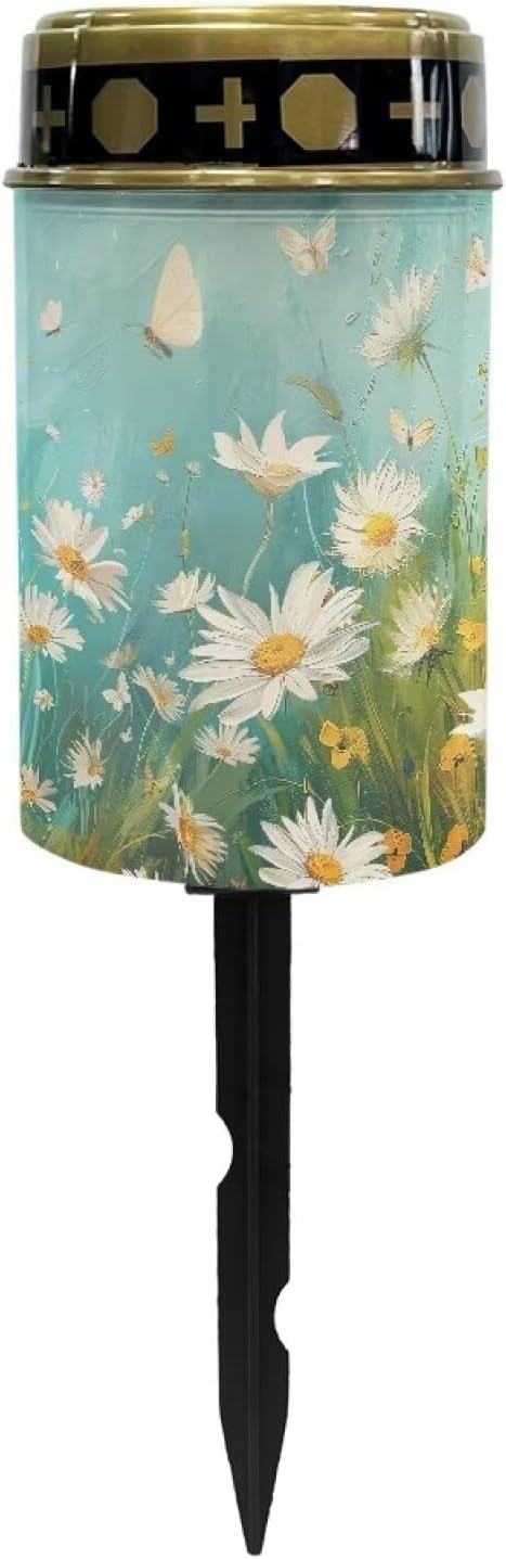 White Daisy Cemetery Solar Light Oil Painting Outdoor Light Decor Cemetery Solar Lights for Grave Solar Lights for Pathway, Garden, Landscape, Path, Yard
