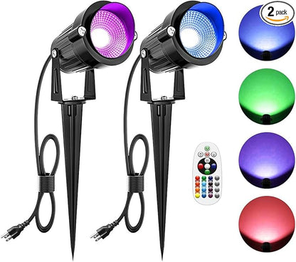 ZUCKEO Christmas Spotlights LED Outdoor Spot Lights for Yard, 10W RGB Landscape Lights Color Changing, 120V Waterproof Spotlight with Plug & Remote for House Garden Path Tree Decoration(2Pack)