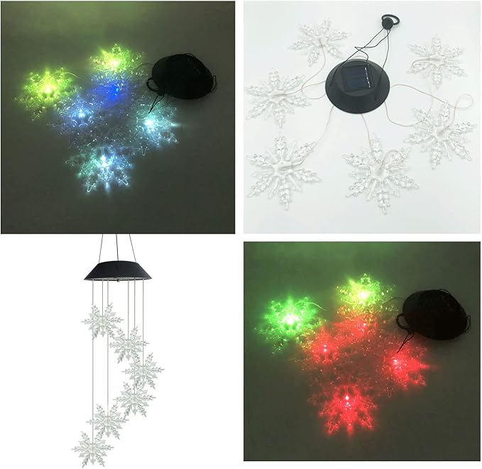 Outdoor Waterproof Solar Snowflake Wind Chime Light 6 LEDs Colorful Snowflake Garden Decorative Light for Walkway Patio Yard Hanging Solar Lights