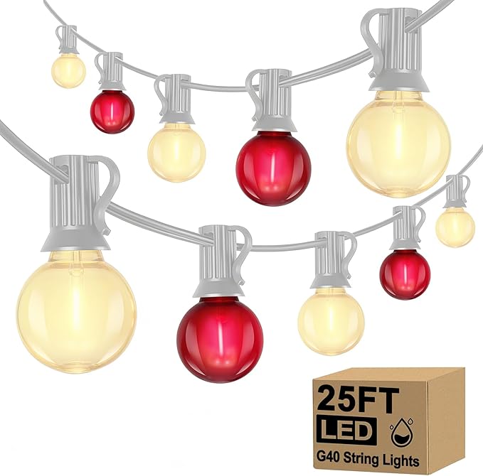 G40 LED Valentine’s Day String Lights, 25Ft Valentines Decorations Lights Outdoor with Frosted Red White Round Bulbs, Hanging Patio Lights Shatterproof for Indoor Home Decor Wedding Party, White Wire