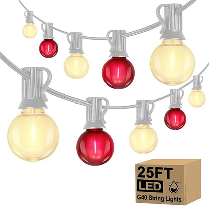 G40 LED Valentine’s Day String Lights, 25Ft Valentines Decorations Lights Outdoor with Frosted Red White Round Bulbs, Hanging Patio Lights Shatterproof for Indoor Home Decor Wedding Party, White Wire