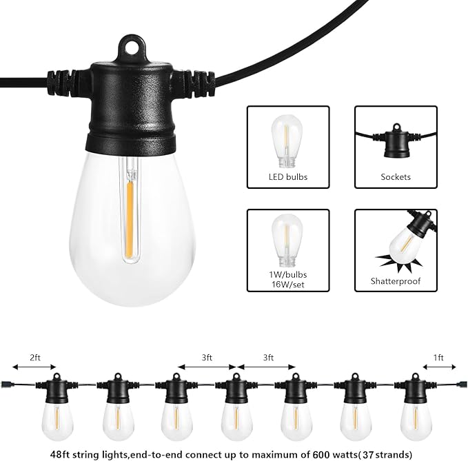 SUNTHIN Outdoor String Lights, 48FT Patio Lights with 16 LED Shatterproof Bulbs for Outside, Backyard, Deck, Porch | Lumora