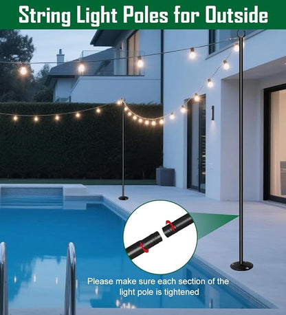 10ft String Light Poles for Hard Surfaces, Light Poles for Outdoor String Light, Perfect for Garden, Backyard, and Patio Lighting Stand for Parties, Wedding - Matte Black Finish - 2 Pack