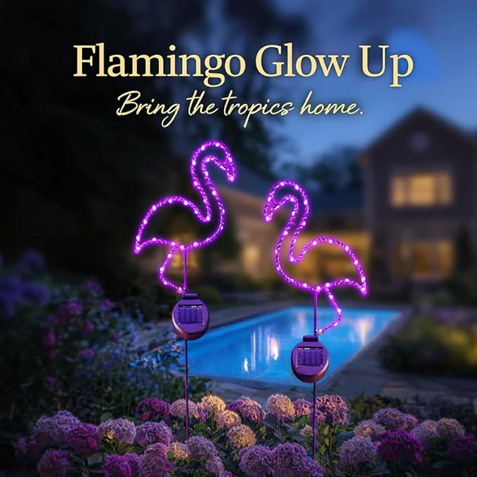 2 Packs Solar Neon-Like Metal Frame Pink Flamingo Stake Light - Outdoor, Pathway, Landscape Light for Lawn, Patio, Garden Or Outdoor Living Area - 28 Inches Tall