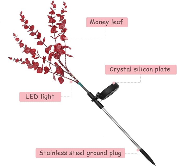 Cabilock Solar Eucalyptus Leaf Pathway Light Solar Garden Lamp Outdoor Landscape Lighting with Dark Red Flower Design Solar-Powered Lawn Stake Light for Patio and Yard Decoration