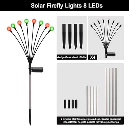 Solar Firefly Lights Outdoor Waterproof; 8 Modes Red and Green Firefly Swaying Solar Garden Lights Stakes for Outside Christmas Holiday Yard Patio Plant Garden Decor 4 Pack(Red & Green)